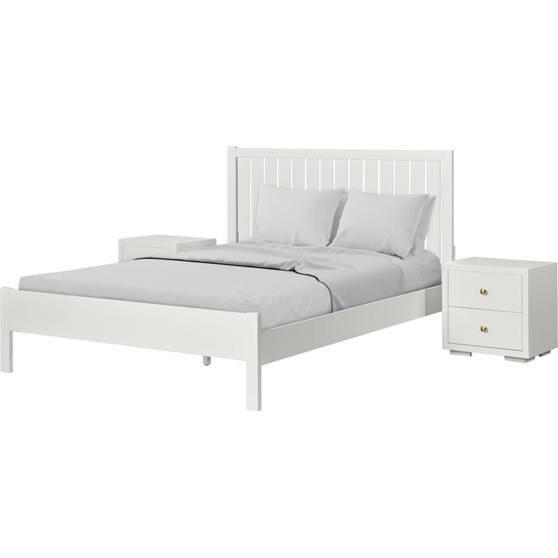 Graham Wood Platform 3 Piece Bedroom Set with Slatted Headboard, White, Queen