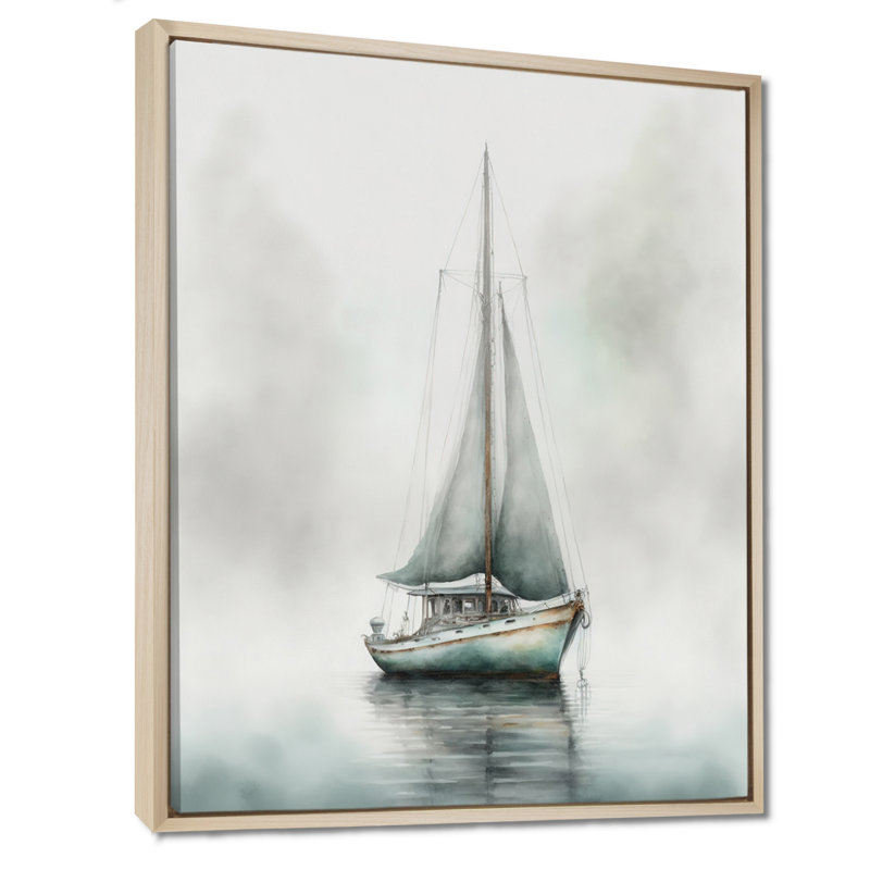 Voilier ancré dans le brouillard - art mural bateau côtier, H 40 po x l 30 po, Cadre flottant érable