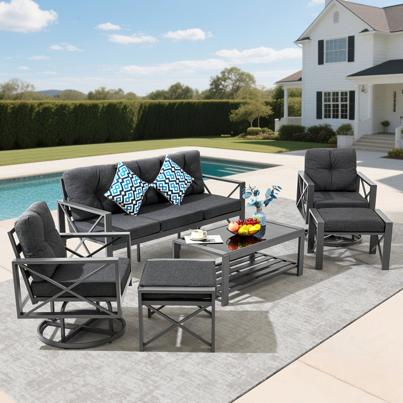 6 Pieces Metal Patio Furniture Set, Outdoor Seating Furniture With Swivel Chairs And Ottoman Ideal For Indoor Porch Deck Bistro Lawn Garden Backyard Poolside