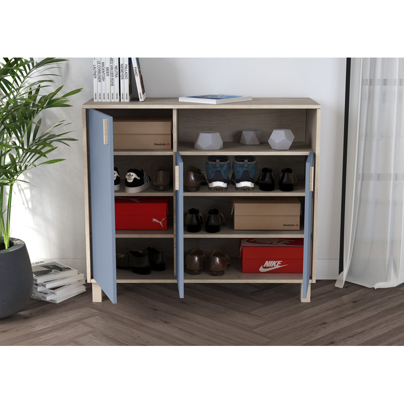 16 Pair Shoe Storage Cabinet, Light Oak Blue