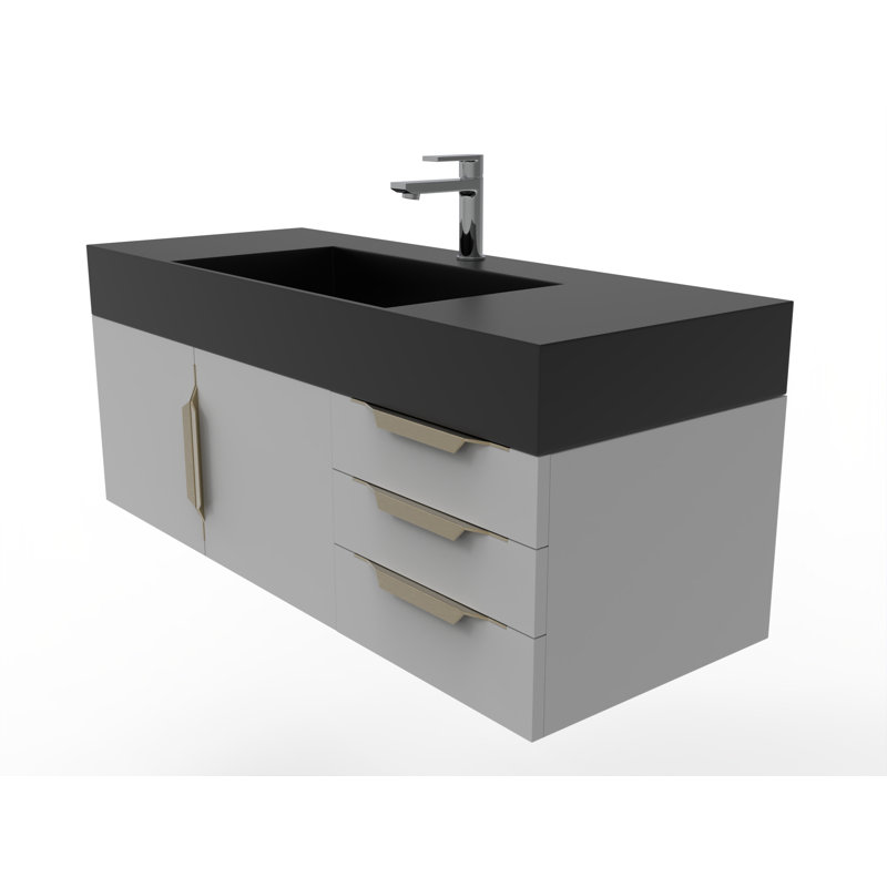 Meuble-lavabo mural simple 48 po avec comptoir à surface solide - base grise, plateau noir, poignées dorées, Noir, Gris, Doré