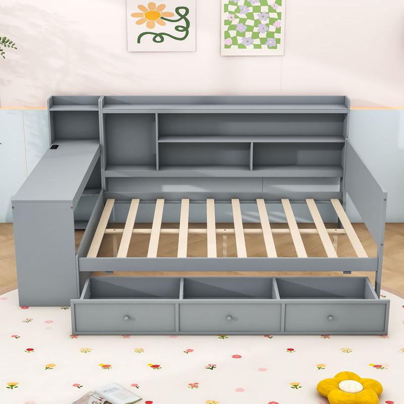 3 Drawers Wood Daybed with Built-in-Desk, Gray, Full