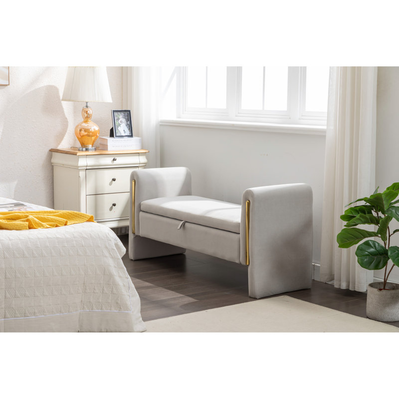 Banc de rangement en velours avec bande de garniture en métal doré 032-Velours, Gris clair