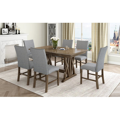 Mid-Century Solid Wood 7-Piece Dining Table Set Extendable Kitchen Table Set with Upholstered Chairs and 12" Leaf for 6, Golden Brown+Gray Cushion
