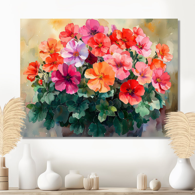 Jardin géranium dans un réalisme de couleurs ensoleillées - reproduction d'art traditionnelle en métal, art mural en métal géraniums