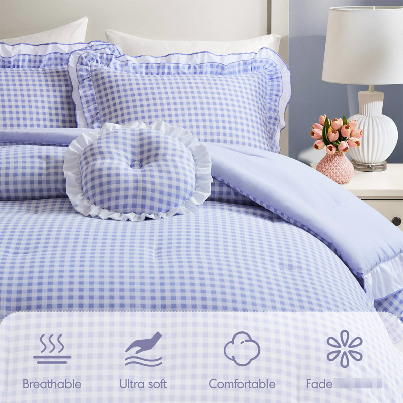 Édredon 4 pièces pour lit double / grand, accent, volant double couche, coussin rond blanc, microfibre légère double / grand, première couche, deuxième volant doux et respirant