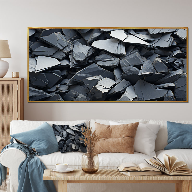 Tachisme - Explosion de roches grises - art mural tachisme, Cadre flottant doré, H 28 po x l 60 po x P 1,5 po