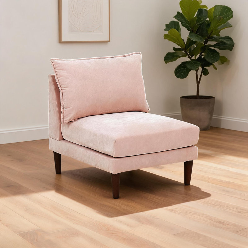 Fauteuil de chambre contemporain sans accoudoirs modulaire, siège supplémentaire personnalisable, revêtement en tissu à finition rose avec pieds en bois