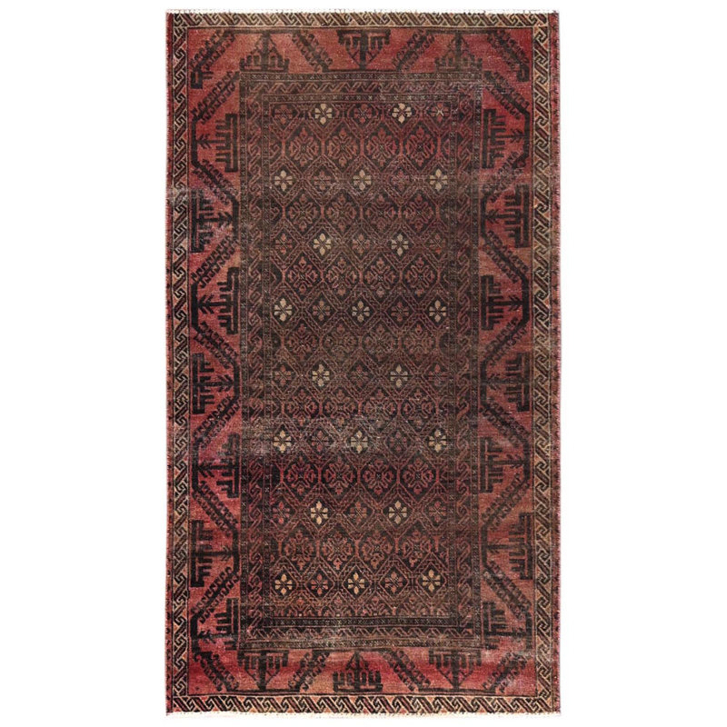 Tapis oriental brun chocolat 3 pi 5 po x 6 pi 4 po avec motif répétitif, usé et vieilli, fin recadré, velours nul, côtés et extrémités sécurisés professionnellement, noué à la main, 100% laine