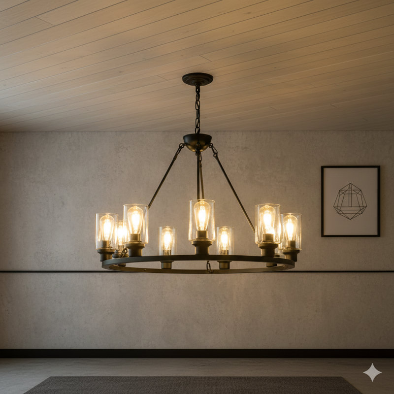 Lustre en roue de chariot 9 lumières noires, luminaire suspendu de style campagnard pour salon, salle à manger et cuisine - base E26 (ampoules non incluses)