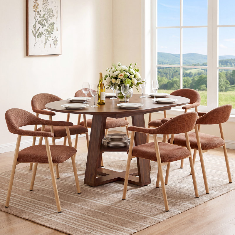 Colne Round Extendable Modern Kitchen Dining Table Set With 32.3"H Dining Chair, 7 Pieces: Table, 6 Chairs, Brown, Orange
