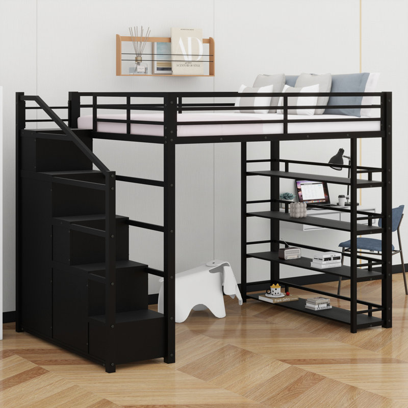Lit mezzanine pratique en métal avec tablettes de rangement, armoire et garde-robe