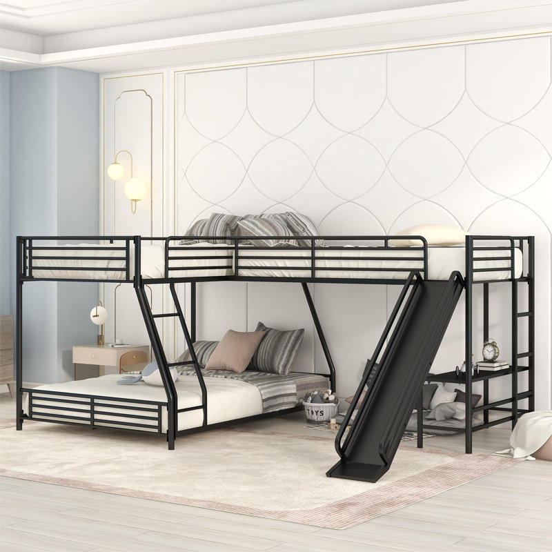 Lit superposé simple au-dessus de L en forme de L avec lit mezzanine simple, bureau intégré et glissade, noir
