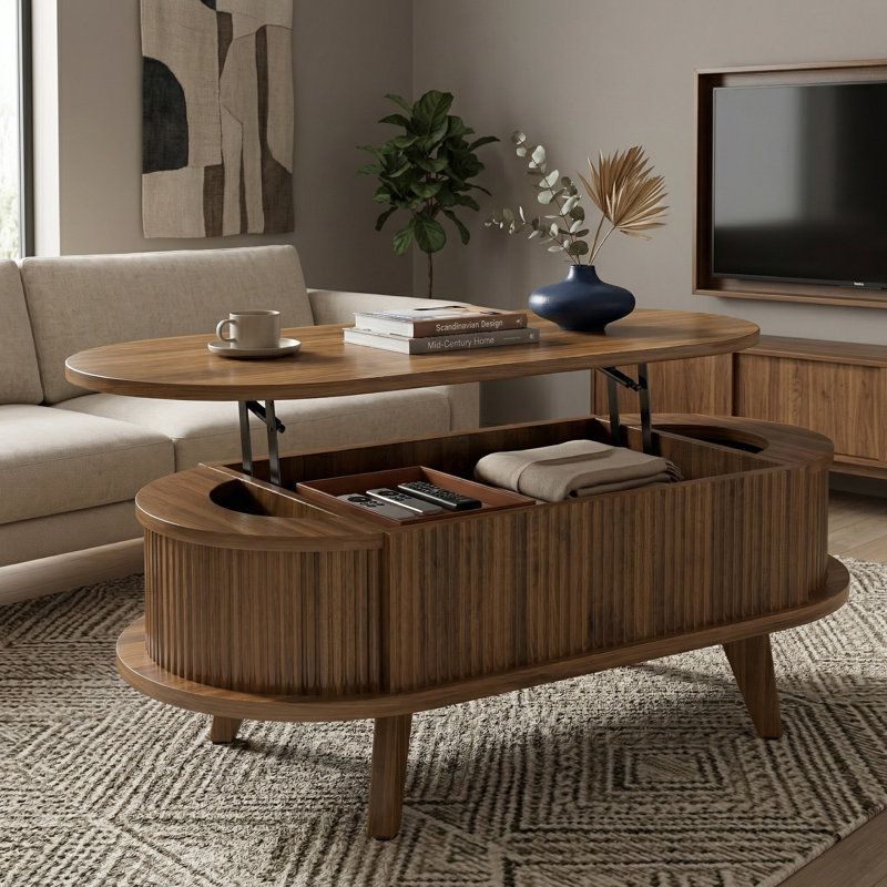 Table basse ovale à plateau relevable cannelé avec compartiment caché, finition noyer brun