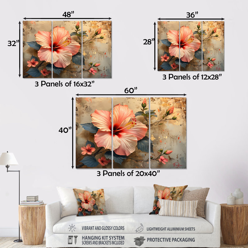Hibiscus rétro rose et beige - Hibiscus Wall Art, ensemble de salon, Métal métal, H 28 po x l 36 po x P 1 po