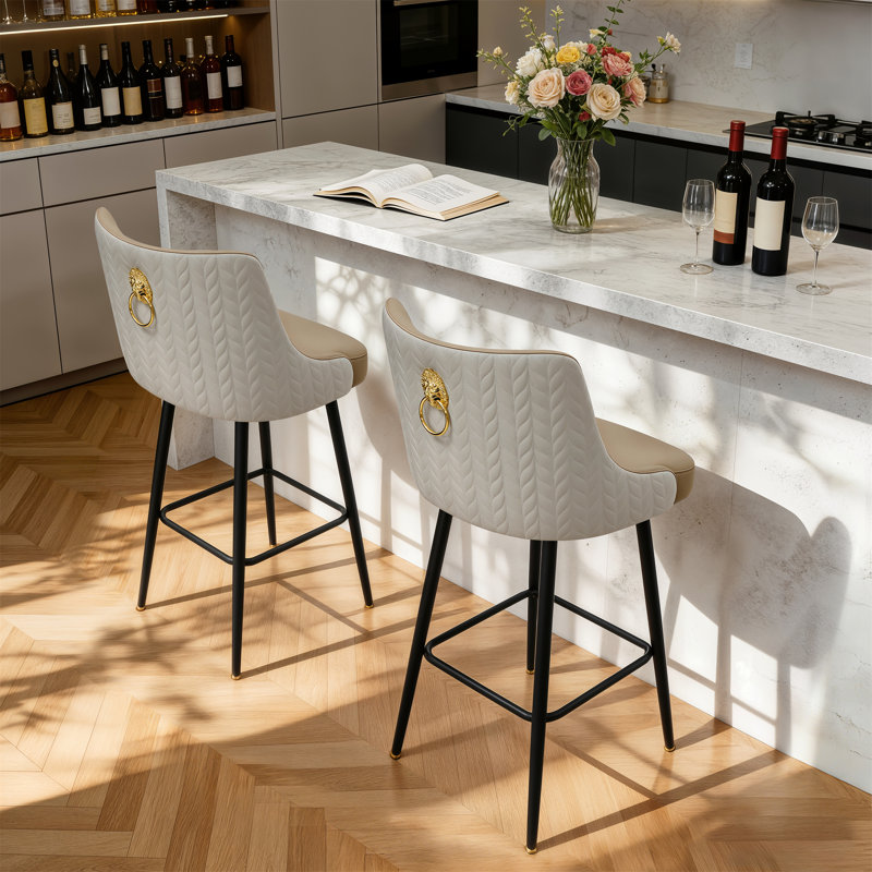 Bar Stool Upholstered Counter Height Bar Stool With Lion Knocker Breakfast Swivel Bar Chair For Kitchen Island, Cream, 2