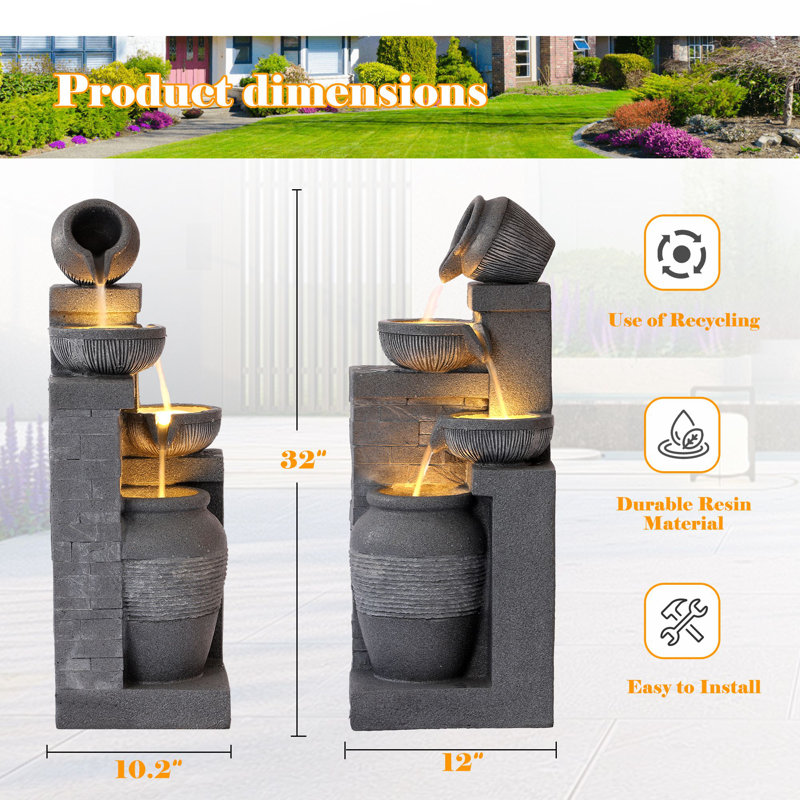 32" Outdoor/Indoor Garden Water Fountains, 4 Tiers Cascading Resin Fountains and Waterfalls with LEDs & Bowls, Modern Floor-Standing Patio Fountain