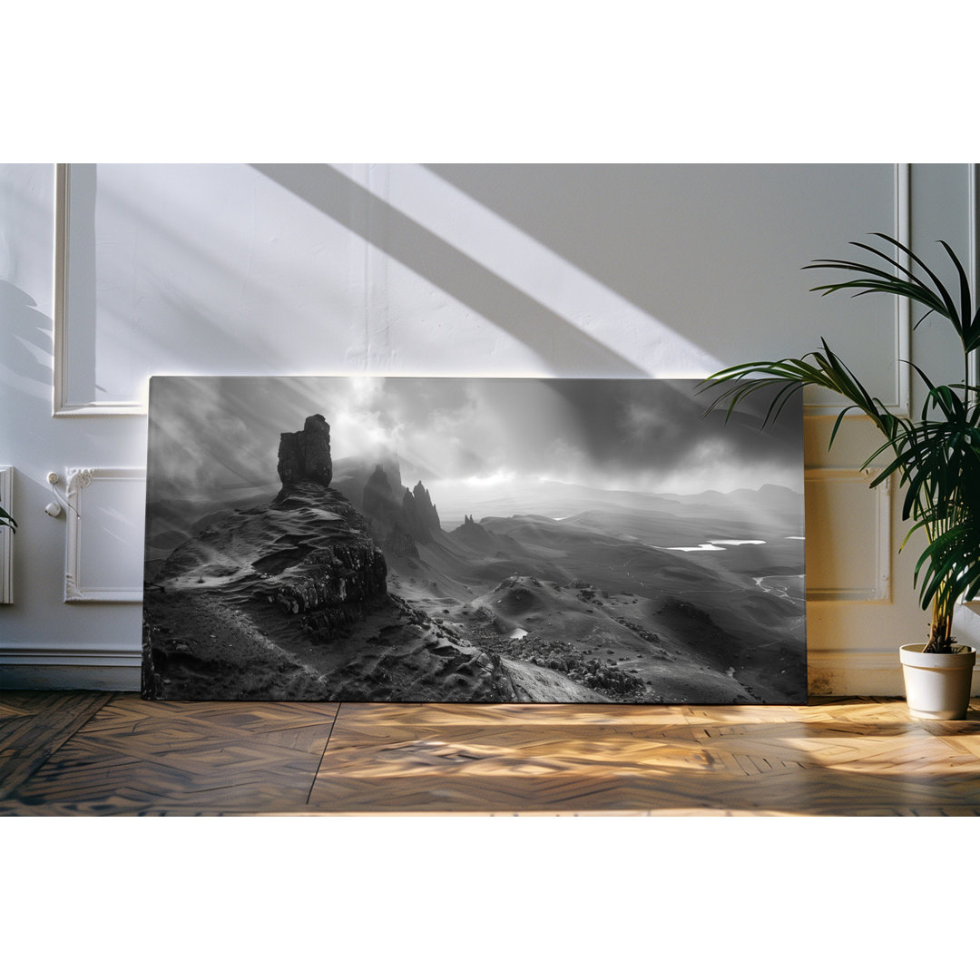 Gerahmtes Bild auf Leinwand 120x60cm Berge Natur Klippen Gebirge Schwarz Weiß