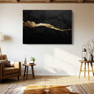 Art mural sur toile noir et doré, impression abstraite craquelée dorée - décor industriel moderne de luxe, peinture sur pierre texturée pour le bureau
