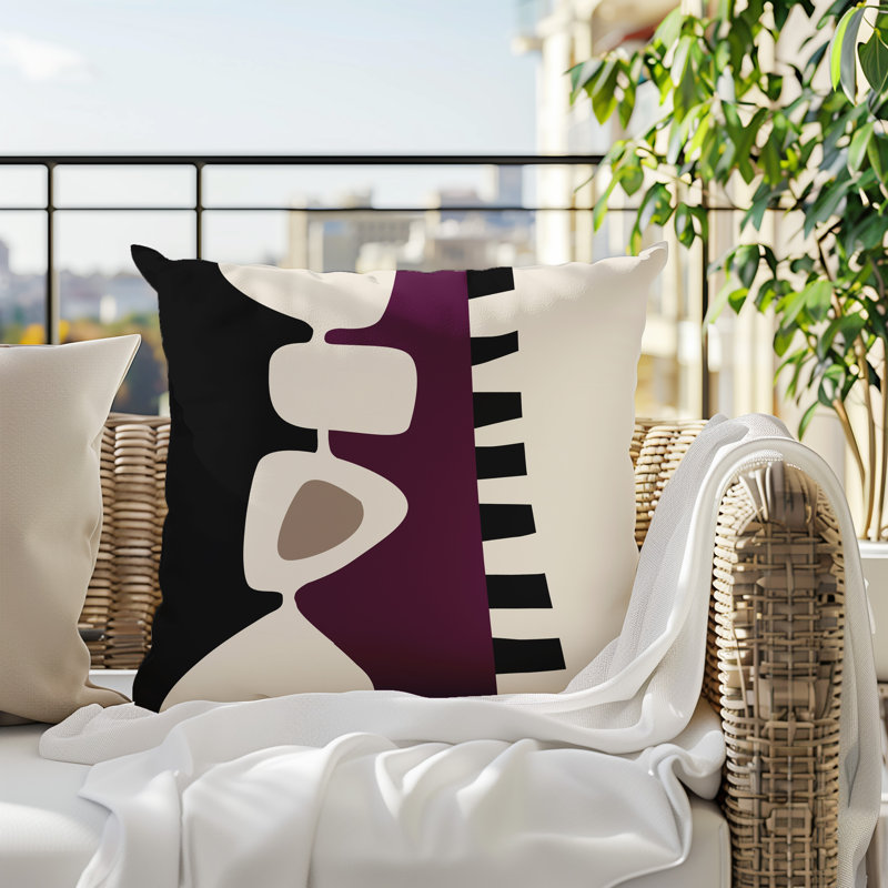 Oreiller carré réversible intérieur / extérieur Kanai, H 17 po x l 17 po, Mauve / noir / blanc cassé abstrait