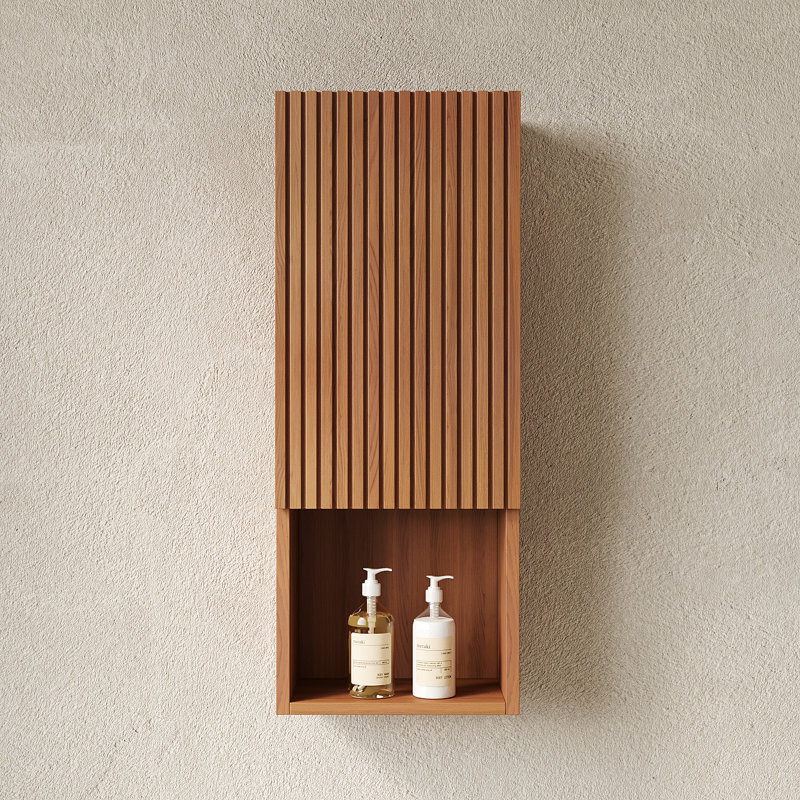 35"H x 13.8"W Wall-Mounted Narrow Bathroom Side Cabinet With Fluted Door, Open Shelf & Moisture-Resistant Oak Finish