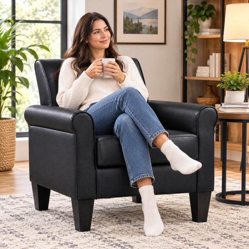 Alrun Upholstered 29" Wide Faux Leather Armchair, Black Faux Leather