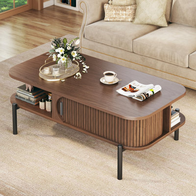 Small Coffee Table With Storage For Living Room Bedroom Fluted Sliding Door