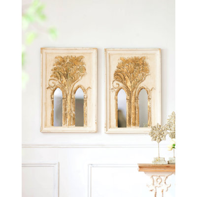20.1X2x29.9" Mid-Century Modern Wall Mirror With Gold Leaf Details, Set Of 2