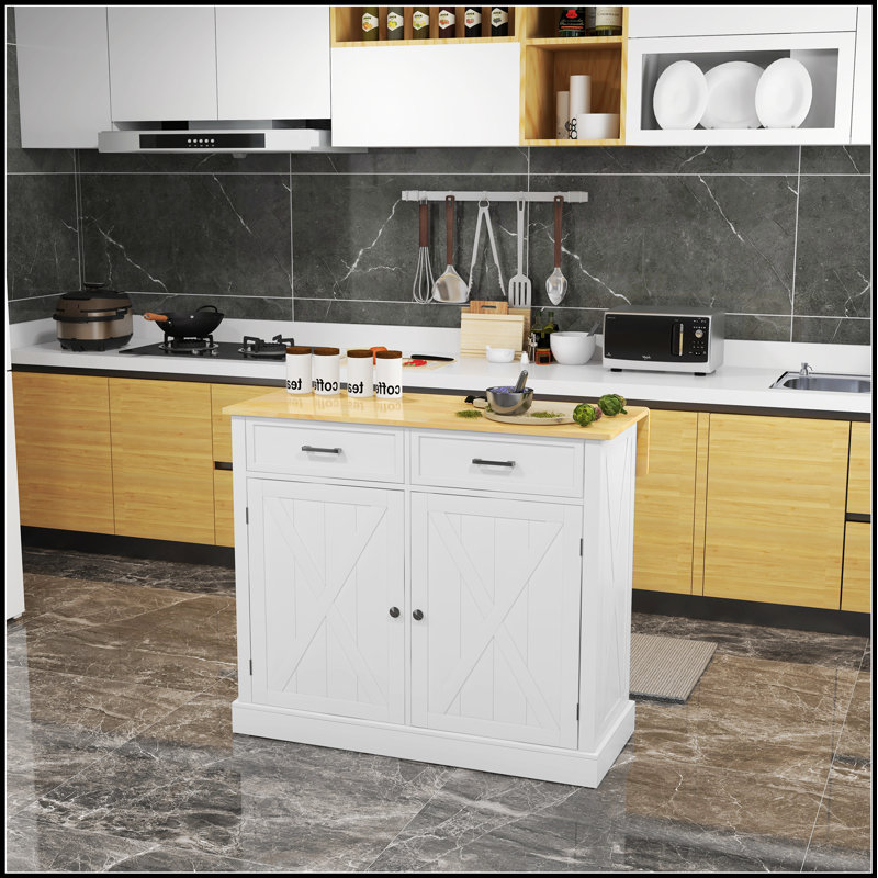 Rolling Kitchen Island with Drop Leaf Breakfast Bar, Farmhouse Cart with 2 Drawers and Adjustable Shelves for Dining Room