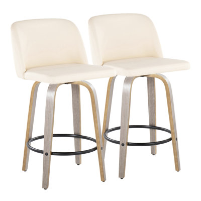 Tabouret de bar 26 po contemporain à hauteur fixe avec pivot en bois gris clair et similicuir crème avec repose-pieds rond en métal noir - ensemble de 2