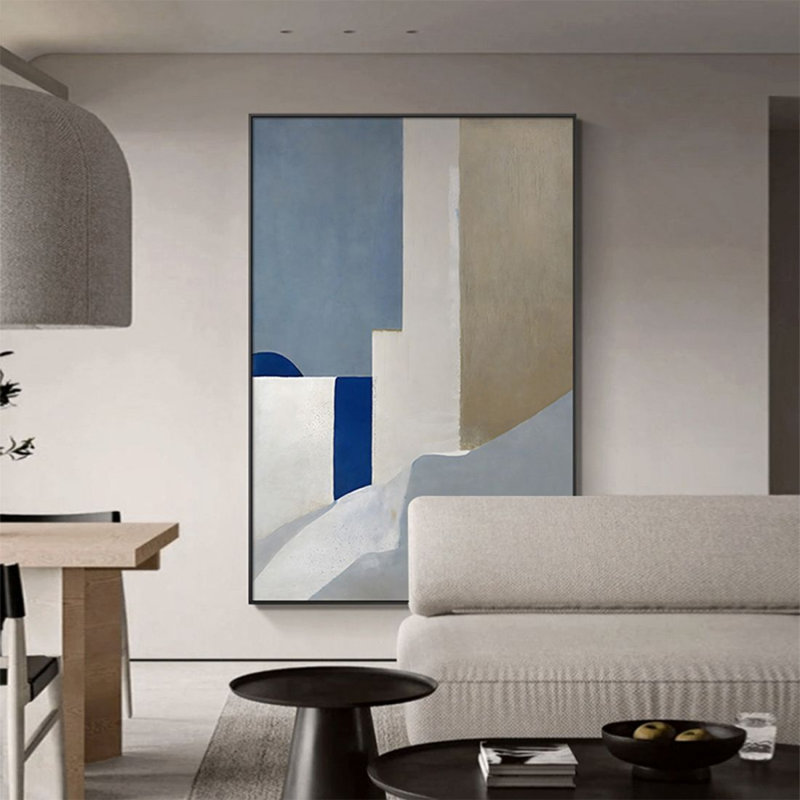 Peinture abstraite géométrique de salon, peinture murale bleue sur fond de canapé, H 47,24 po x l 31,5 po