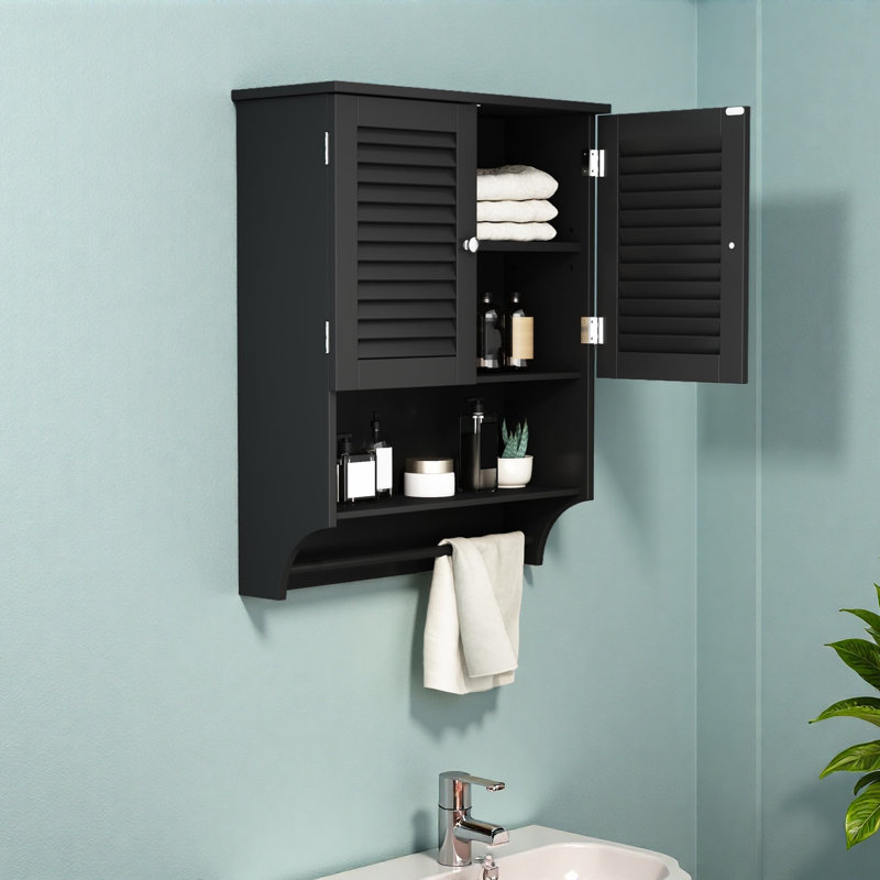Armoire de salle de bain murale avec portes à persiennes, tablette ouverte, tablettes réglables et barre à serviettes, Noir