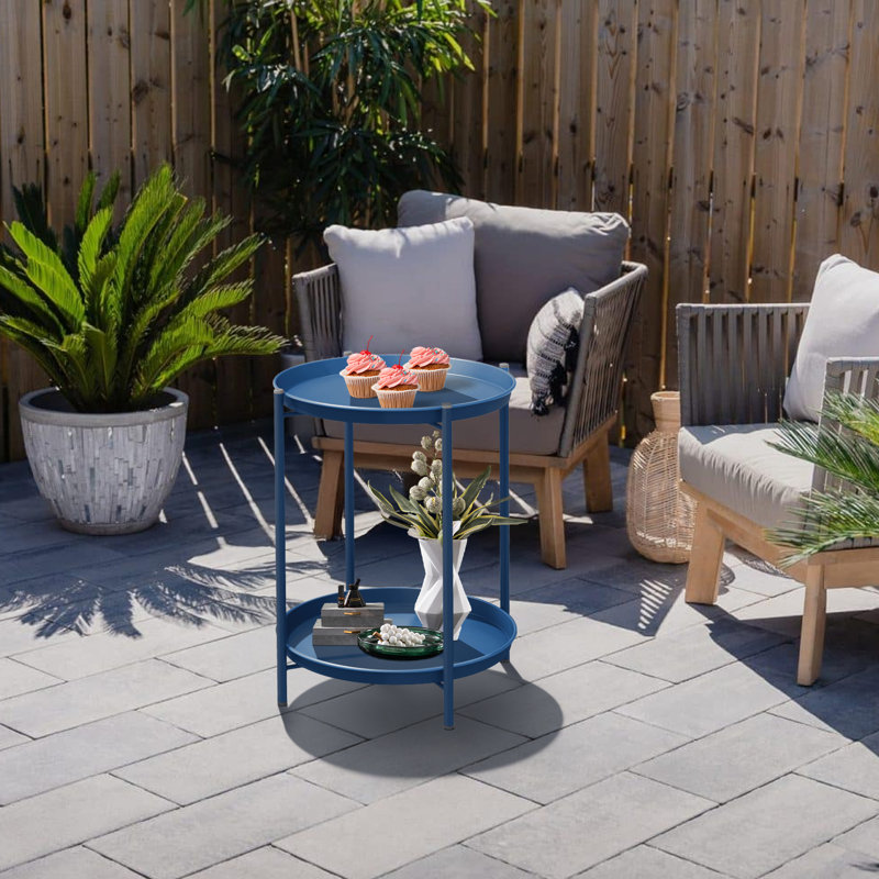 Outdoor Side Table, 2-Tier End Table Round Accent Table, Blue
