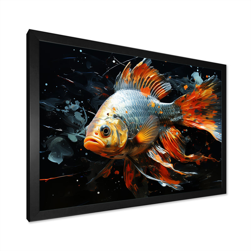 «Orange Butterfly Fish Ocean Dance I», art mural poisson papillon, Cadre d'angle fermé noir, H 24 po x l 32 po x P 1 po
