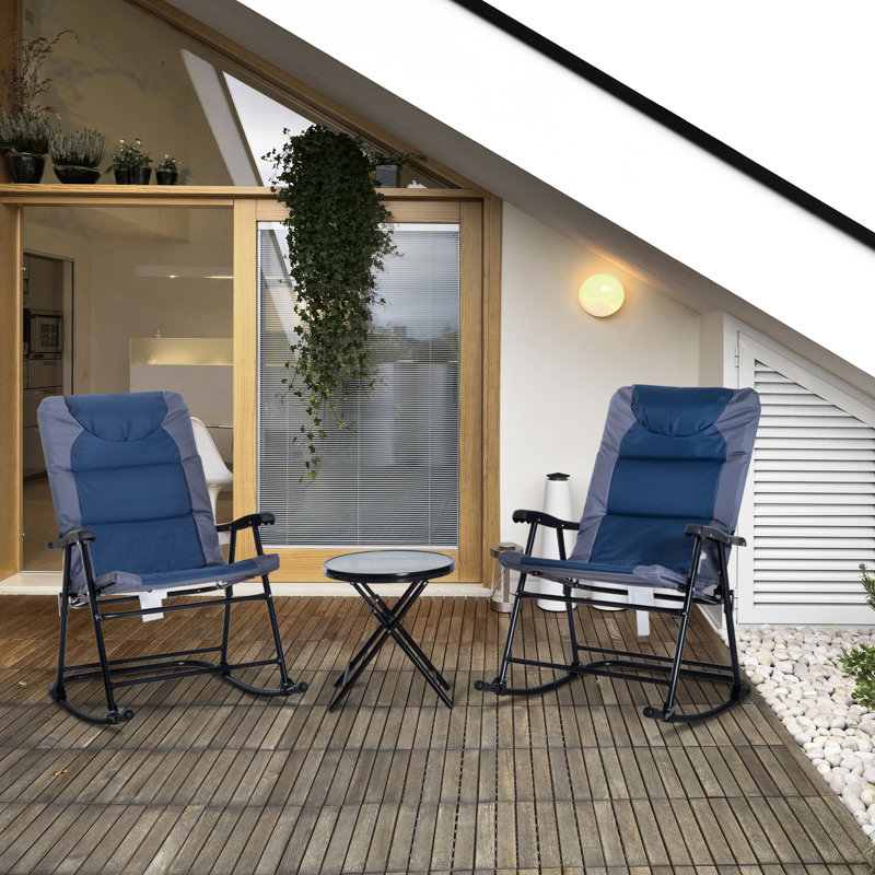 3 meubles d'extérieur avec 2 chaises berçantes et une table en verre, bleu, pour la véranda, le camping, la décoration de balcon, ensemble de 3 pièces de patio, tranquillité