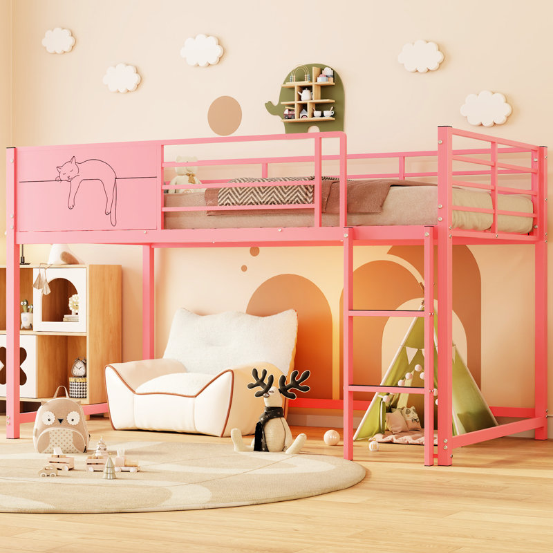 Lit simple rose avec structure en métal, garde-corps, rangement pour chariot, sans sommier, garde de plancher de chambre à coucher et chariot, Decorate A's Haven