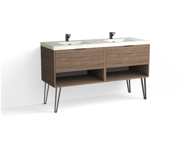Modo 60" W Freestanding Double Bathroom Vanity with Dawson Leg, Gloss White/Single, Nocino, Matte Black