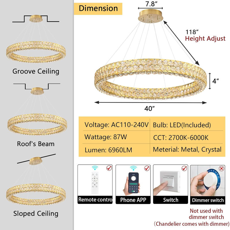 Modern Ring Crystal Dimmable Chandelier, Gold