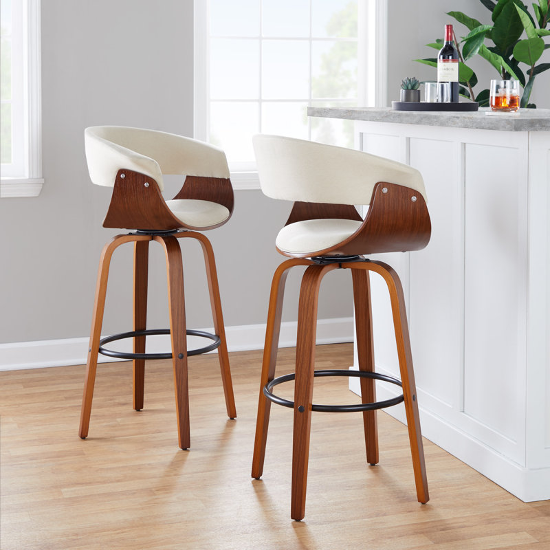 Archaimbaud Swivel Upholstered Counter Stool, Walnut Wood/Black, Cream, Bar Stool (29” Seat Height)