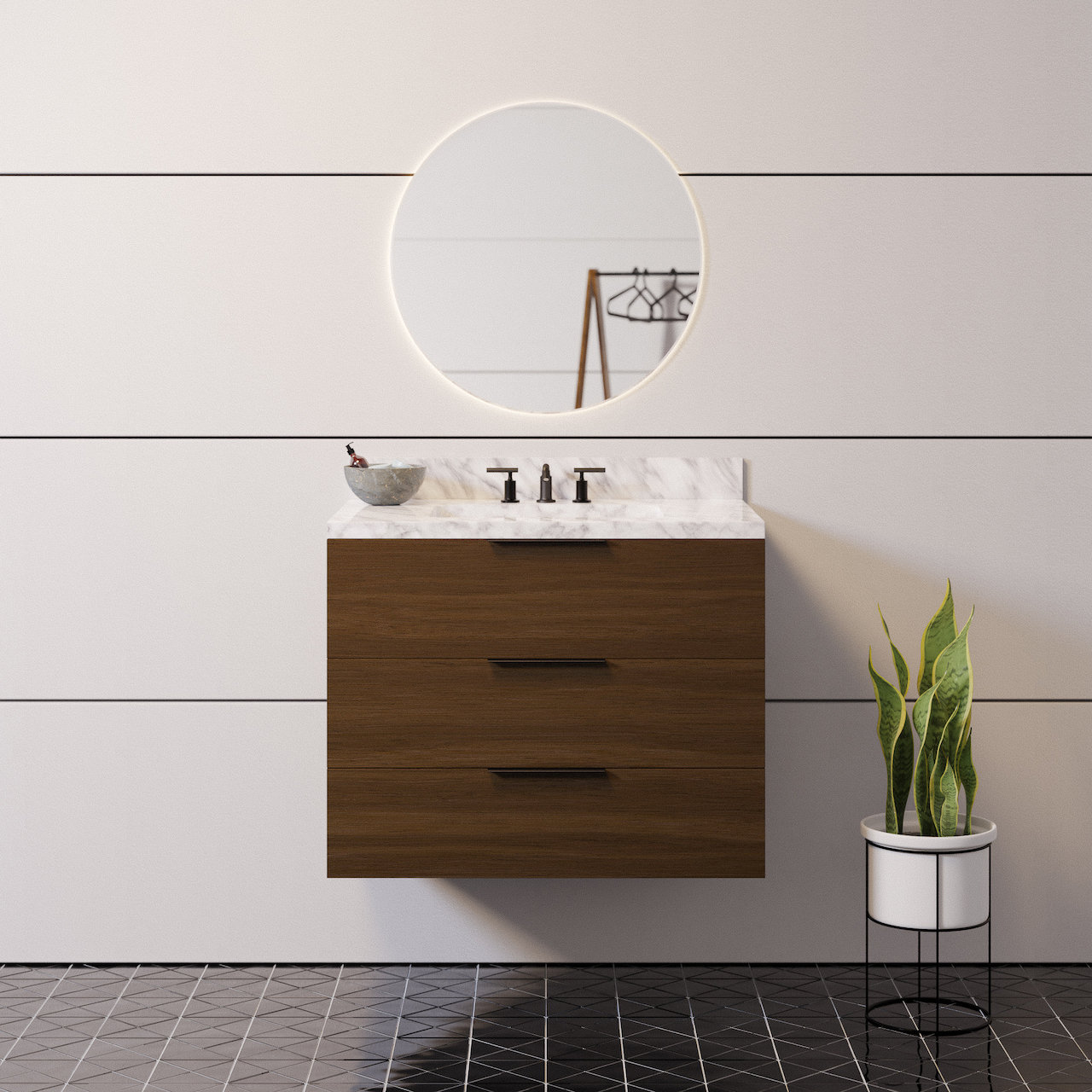 Mitchell 30'' Single Bathroom Vanity, Walnut, Carrara Marble
