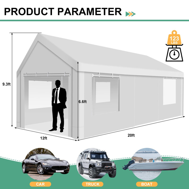 12x20 ft Heavy Duty Car Canopy with Roll-up Windows with Removable Sidewalls & Door, White