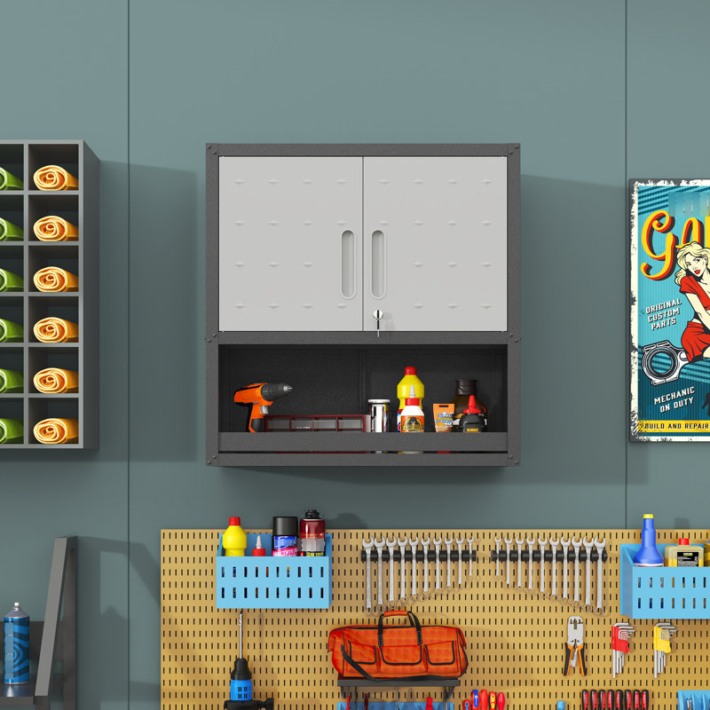 Metal Wall Cabinet With Open Shelf. For Garage, Warehouse, Office. Strong And Construction Modern For Organized Spaces. With Locking Door Office
