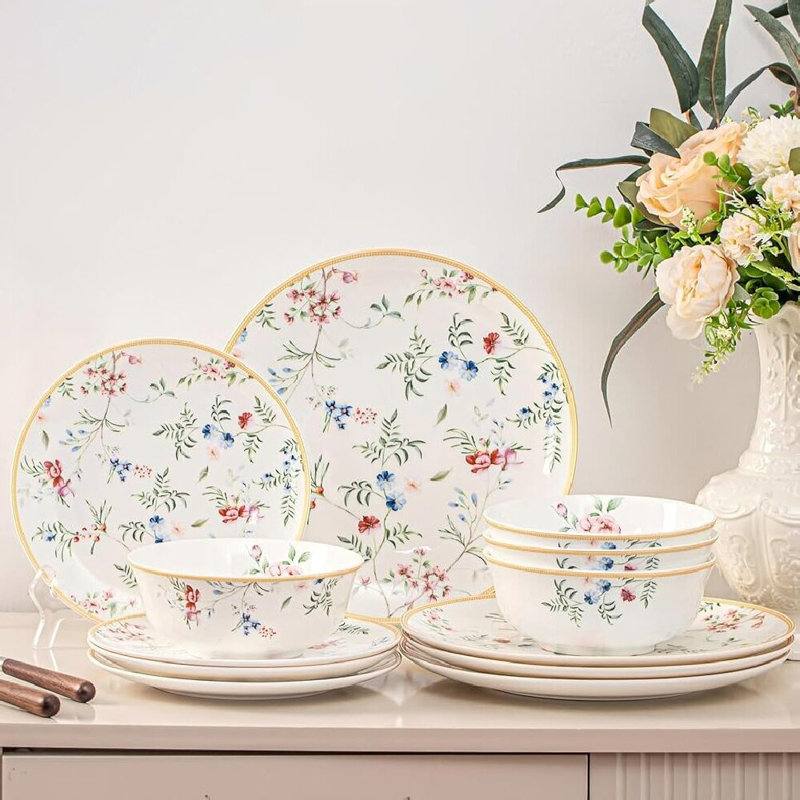 Service de vaisselle en porcelaine tendre 12 pièces, allant au micro-ondes et au lave-vaisselle