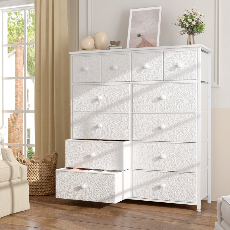 Commode pour la chambre Pekka avec 12 tiroirs de rangement spacieux, commodes avec plateau en bois et structure en métal