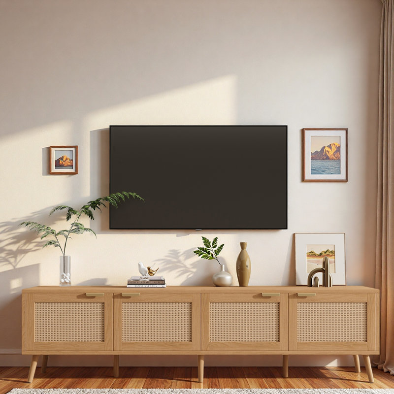 Modern Tv Stand With Rattan Doors, Storage Cabinets And Cable Holes