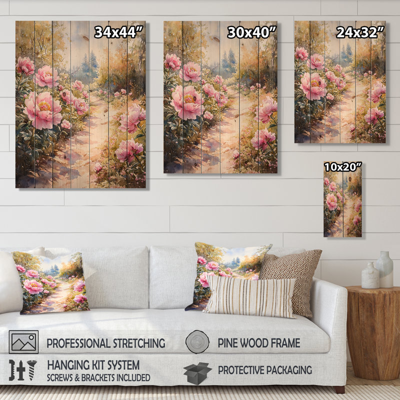 Pivoines le long du chemin de terre II - Décoration murale en bois de pivoines - sur bois de pin naturel