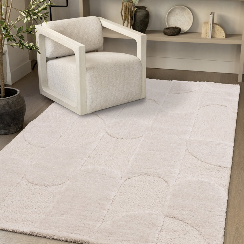 Tapis d'intérieur moderne géométrique blanc ivoire, 6 pi 7 po x 9 pi 6 po