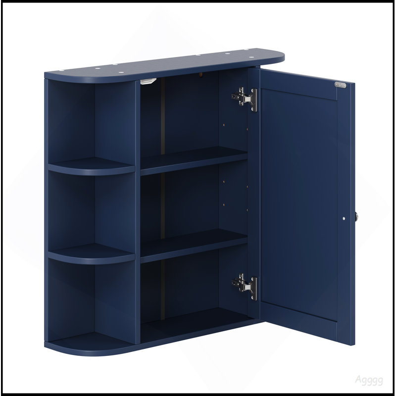 Armoire de rangement murale de salle de bain avec miroir, armoire à pharmacie avec tablette en bois réglable et portes, armoires de rangement montées avec 6 tablettes ouvertes, bleu