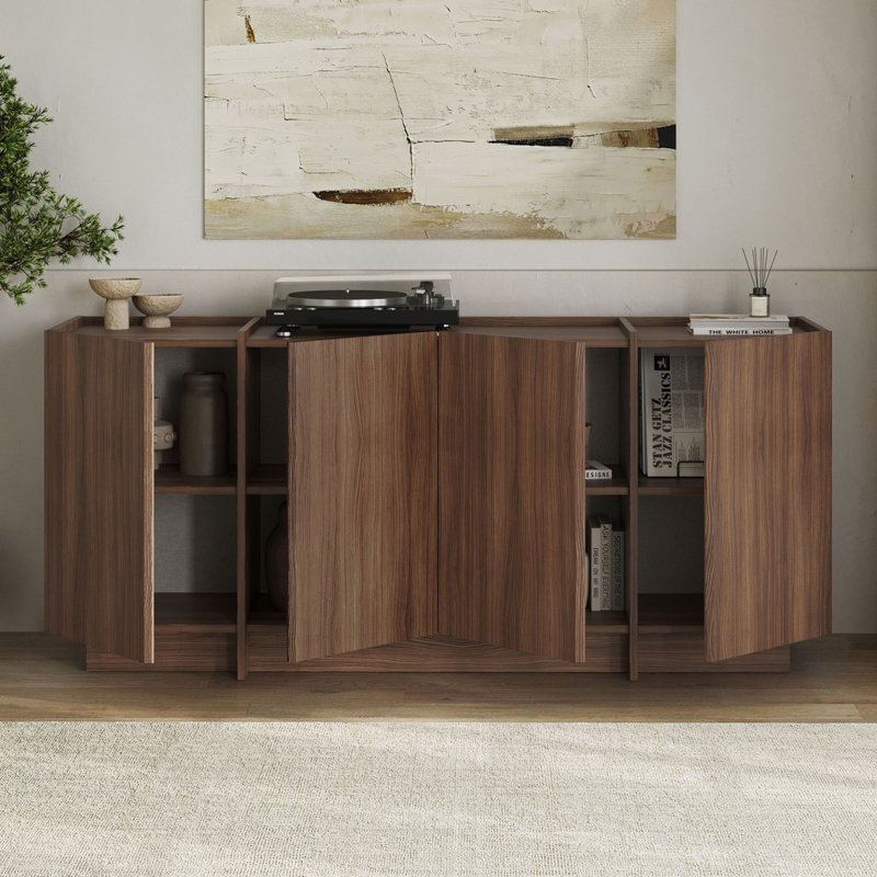 Console Modern Milano en noyer de 70,9 po x 31,5 po x 17,7 po | 100% panneau de particules enduit de mélamine, épaisseur: 0,7 pouce | Charnières à fermeture en douceur, tablettes multiples, design élégant pour le salon et le vestibule