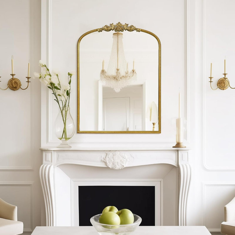 Miroir rétro vintage pour meuble-lavabo avec cadre orné, miroir mural arqué pour salle de bain, salon, foyer, entrée, Doré